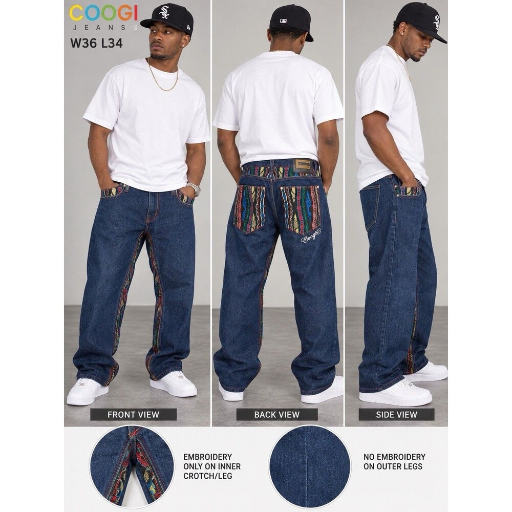 COOGI Men’s Jeans 36x34 Blue Embroidered Baggy Hip Hop Y2K Straight Leg